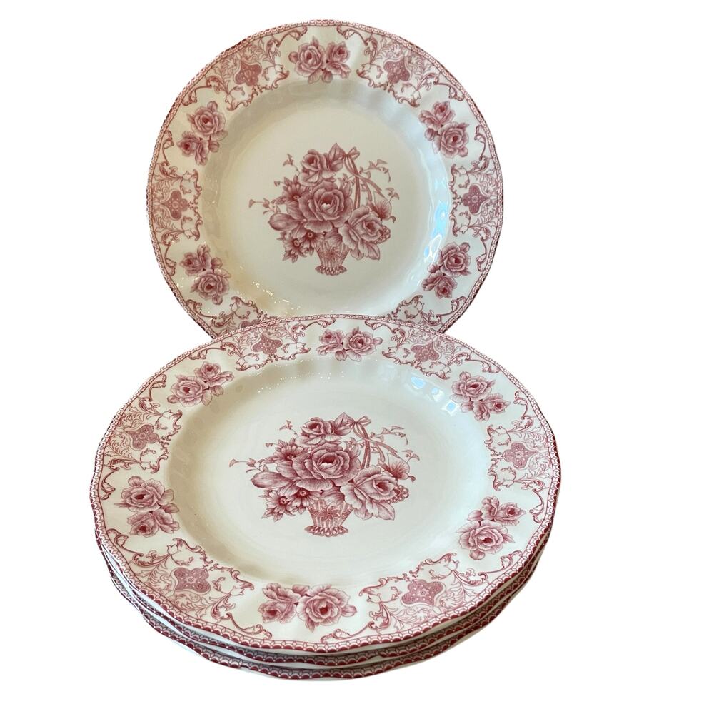 4pc Palate & Plate Victorian RED Rose Floral 10.5" Dinner Plates Scalloped New
